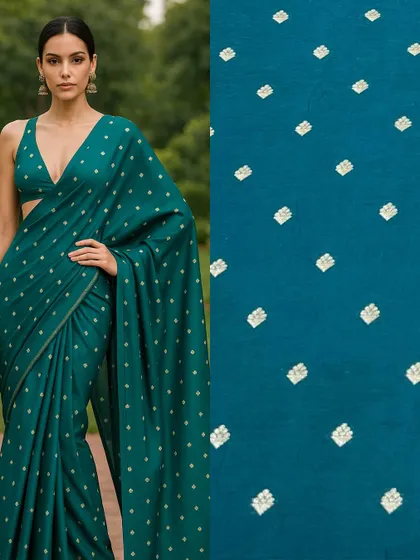 From our fabric library to a breathtaking reality. This is the potential of our teal silk brocade, transformed into an elegant, timeless saree that makes a statement.