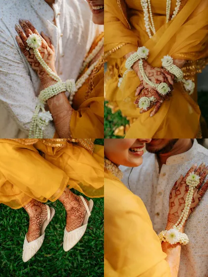A collage focusing on the beautiful details of a Mehendi ceremony, from the floral jewelry to the intricate henna on the bride's hands and feet.