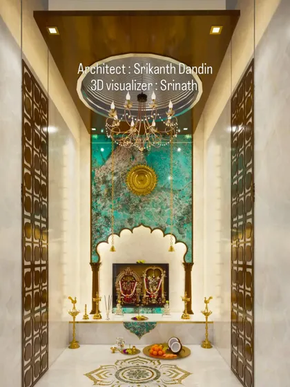 A third variation of the modern pooja room, this time with a large central brass disc and simpler decor for a more minimalist spiritual space.