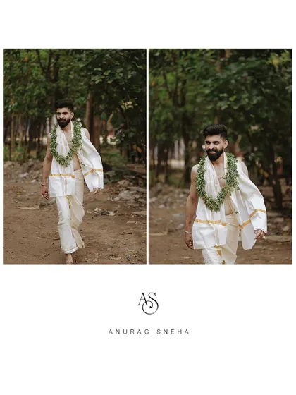 A collage of the groom's portraits, showing him walking in his traditional mundu.