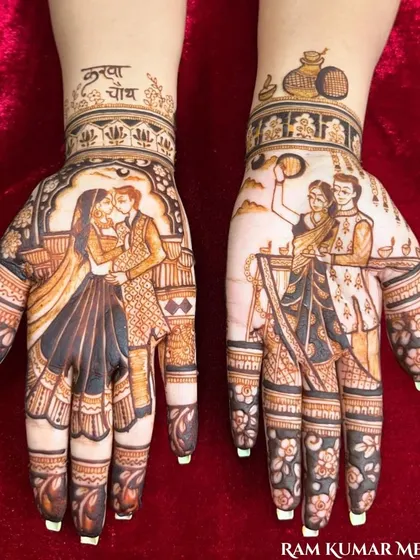 A beautiful and personalized Karwa Chauth design, with a couple portrait on one hand and the ritual scene on the other. The name of the festival is also written on the wrist.