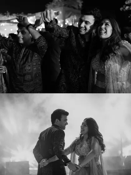 A black and white collage showing the couple dancing together and with their friends, capturing the joy of the Sangeet night.
