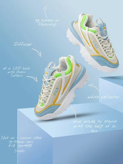 An annotated breakdown of the setup for a multi colored Fila sneaker shoot, explaining the lighting and post production techniques.