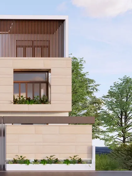 This facade option uses a clean palette of sandstone cladding and vertical wooden screens. The design emphasizes clean lines and a connection to nature, with integrated planters at the window sills and boundary wall.