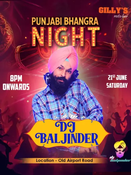A promotional poster for a Saturday night gig at Gilly's Resto-bar on Old Airport Road, a popular spot for desi music lovers.