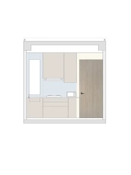A sectional elevation of a compact kitchen within a studio apartment. This drawing clearly outlines the cabinetry layout, appliance placement, and door details, ensuring maximum functionality in a limited space.