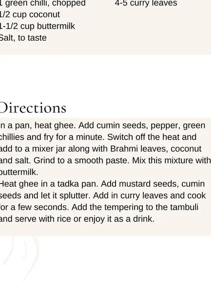 The simple directions for making Brahmi Tambuli, a cooling and brain-boosting drink.