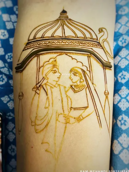 The line drawing for a couple's portrait inside a doli. This initial sketch captures the pose and composition of the scene.