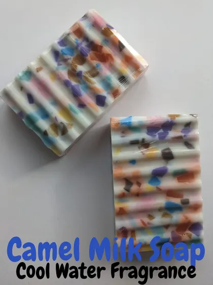 A pair of my confetti soaps with a refreshing Cool Water fragrance. These bars are packed with skin-loving camel milk and are completely free of harsh chemicals, making them great for the whole family.
