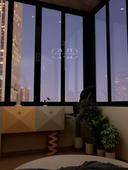 The balcony room includes a playful zig-zag shoe rack with an orange pop of color and a custom-designed desk against the city view.