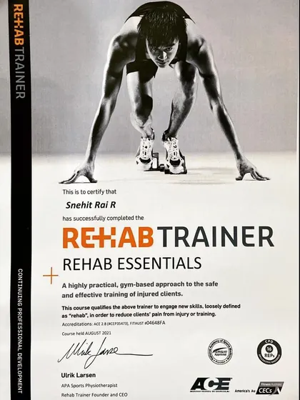 My certification as a Rehab Trainer. This practical, gym-based approach allows me to safely and effectively train clients who are recovering from pain or injury.