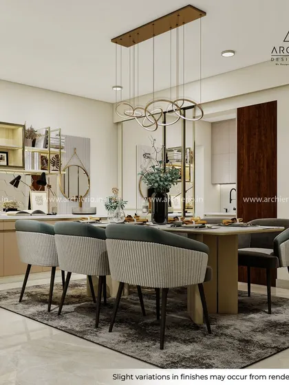 A closer look at the dining area, where a contemporary chandelier and comfortable, stylish chairs make every meal feel special. The space is designed for both elegance and everyday use.