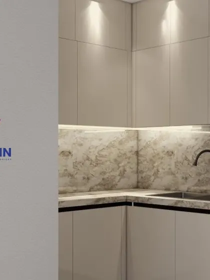 A close-up render focusing on an L-shaped corner. This view highlights the seamless handle-less cabinetry, the texture of the marble-patterned countertop and backsplash, and the warm glow of the under-cabinet lighting.