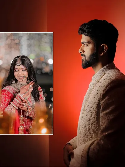 An artistic composition showing the groom in profile with a portrait of his bride in the foreground. This creative shot symbolizes that she is on his mind as he gets ready for their wedding.