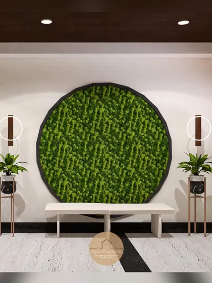 An alternative foyer design featuring a large, circular green moss art installation as a stunning focal point. This brings a touch of nature indoors and creates a unique and memorable first impression.