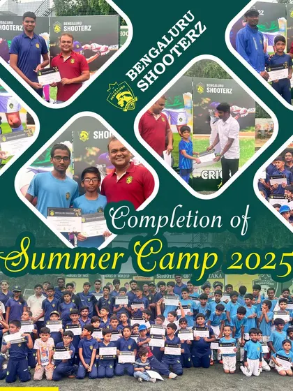A collage showcasing the highlights of our summer camp closing ceremony, with our chief guest, coaches, and proud players.