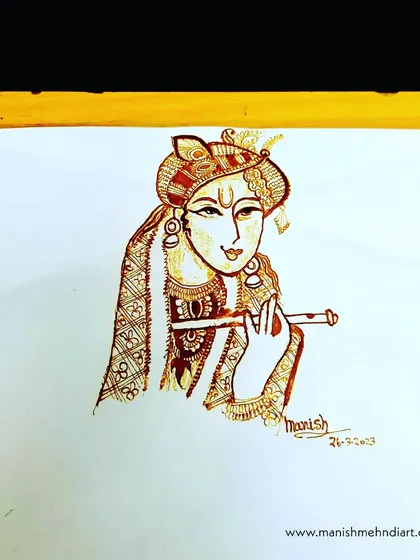A sketch of Lord Krishna playing the flute. Practicing figures like this on paper is the first step before applying them to the skin, ensuring the proportions and details are perfect.