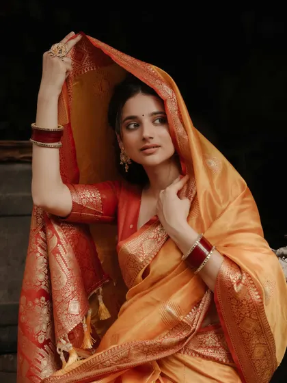 A graceful pose with the saree's pallu used as a veil, creating a sense of mystery and traditional elegance.