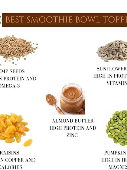 Elevate your breakfast with these nutrient-dense smoothie bowl toppings. Adding things like hemp seeds for protein, sunflower seeds for Vitamin E, and pumpkin seeds for iron can make your meal even more powerful.