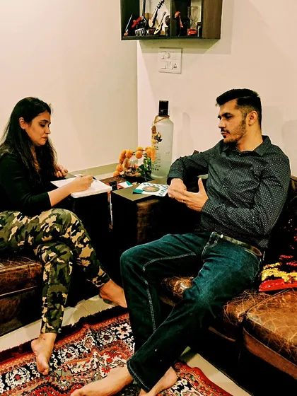 Another angle of my interview with Mohammed Ali Shah. Taking notes and listening intently is a key part of my process, whether in a reading or an interview.