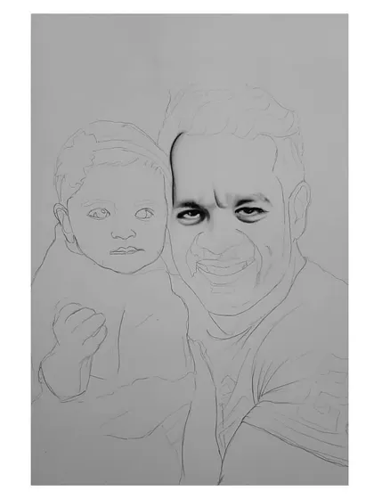 The 48-hour process of creating the 'Flying Beast' family portrait. You can see how I sketched both Gaurav and his daughter to capture their bond.