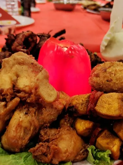 A close-up of our assorted fried platter. You can see the different textures, from crispy battered fish and chicken to succulent paneer tikka skewers, all arranged beautifully.