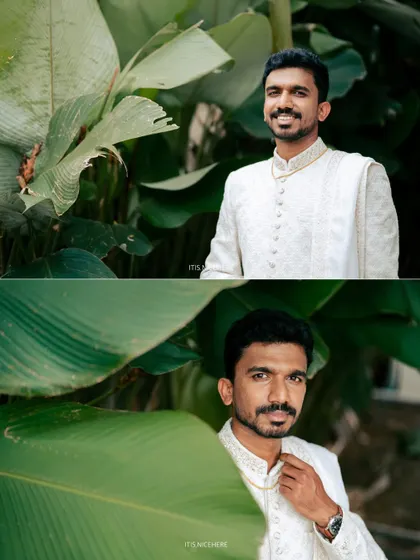Close-up shots of Groom Sandesh in his pre-loved white sherwani. The intricate embroidery and perfect fit make for stunning photos.
