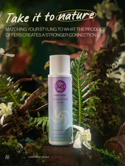 Taking the product to nature. For this Yunme body mist, we created a miniature forest scene to build a strong connection between the product and its natural, botanical-inspired scent profile.