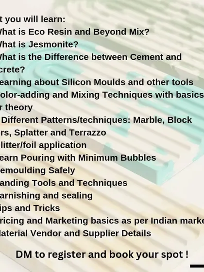 Registration for this workshop is closed. This image lists the comprehensive curriculum we cover, from understanding Jesmonite substitutes to learning pricing and marketing basics.