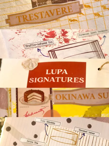 A collage of different pages from our 'Lupa Signatures' scrapbook menu. This image showcases the variety of art styles and creative layouts used to present our unique cocktail offerings.