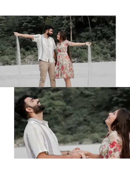 Playful moments on the sandy banks of the Ganga, including a shot of the couple letting sand slip through their fingers.