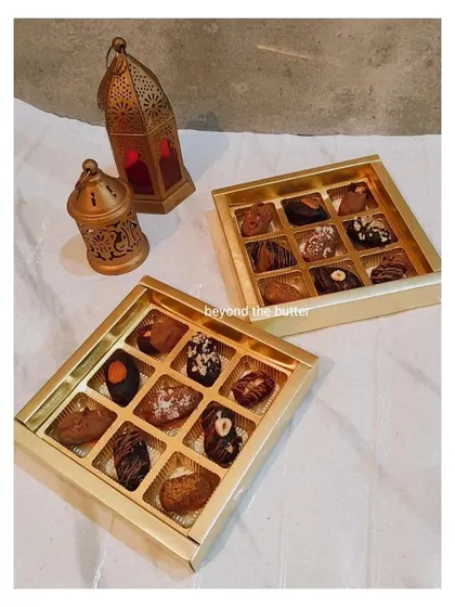 My gourmet chocolate-stuffed dates, beautifully arranged in a gold gift box, make the perfect present for Eid or Ramadan.