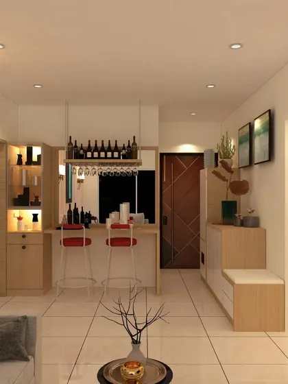This living space features a built-in bar and dining area, perfect for entertaining. The soft color palette and clean lines create a welcoming and modern environment.