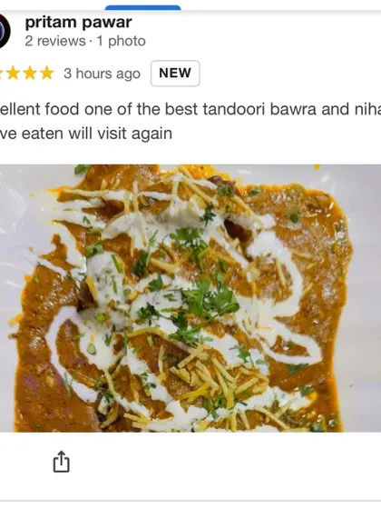 A customer review calling our Tandoori Bawra and Nihari one of the best they have ever eaten. We are honored by such comparisons.