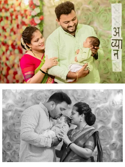 A collage from a naming ceremony, featuring a lovely family portrait and a tender moment between the parents and their newborn.