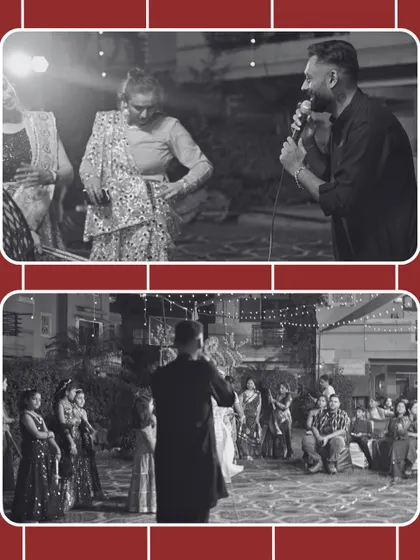 A black and white collage from the Ajnara Pride Garba night. It captures the timeless joy of community dancing, with me orchestrating the fun from the stage.
