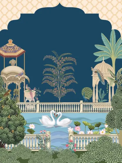 An illustration that captures the serene and royal soul of the Golden Dunes collection. The imagery of swans and lakeside pavilions evokes a sense of timeless elegance and romance, inspired by the palaces of Jaisalmer.