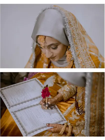 The signing of the Nikahnama. A deeply significant moment in a Muslim wedding, captured with reverence and focus on the details.