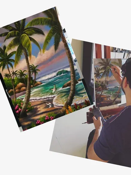 This student is bringing a tropical beach to life with oil paints. He is learning to paint realistic palm trees and the gentle waves of the sea. My classes help you learn the techniques needed to paint the landscapes you dream of.