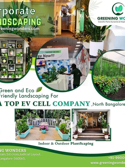 We provide comprehensive corporate landscaping solutions for both indoor and outdoor spaces. This collage showcases our work for a leading EV cell company in North Bangalore, where we designed green reception areas, office plantscapes, and welcoming outdoor patios to enhance the work environment.