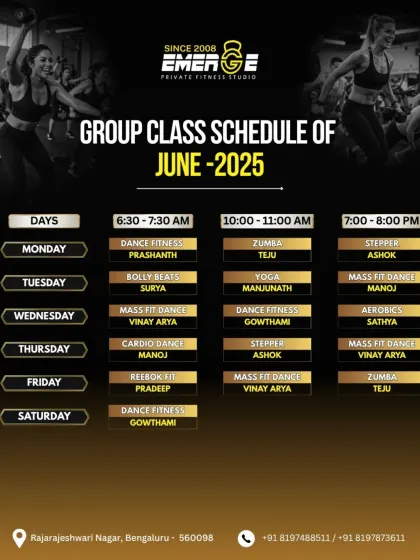 Get ready for your June 2025 fitness plan. Our schedule is packed with Dance Fitness, Mass Fit, Bolly Beats, and Yoga to keep you motivated.