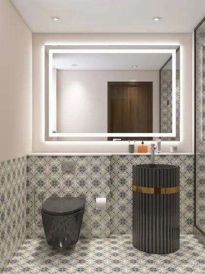 A stylish bathroom featuring patterned floor and wall tiles, a modern black toilet, and a unique fluted pedestal sink.