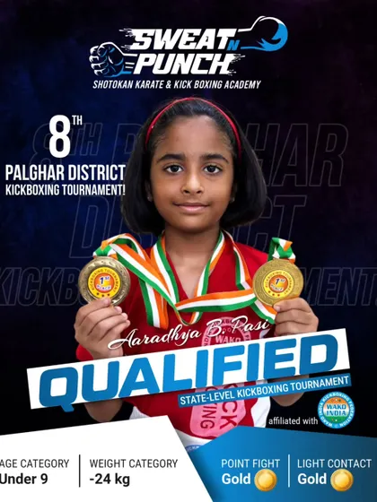 Age is just a number when you have a champion's heart. Meet Aaradhya, one of our youngest warriors from the Under 9 category, who brought home two gold medals. We offer specialized kids kickboxing classes to build confidence and discipline from a young age.