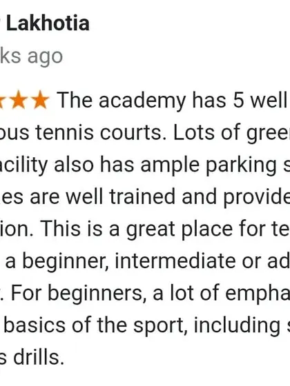 A review praising our well-maintained clay courts, ample facilities, and the individual attention our coaches provide. We ensure every player, from beginner to advanced, gets the right guidance.