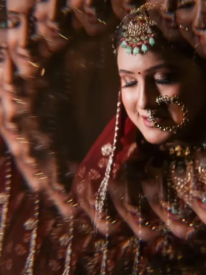 A creative bridal portrait using a prism or fractal filter. This technique creates a multi-faceted, dream-like image that is both artistic and beautiful.