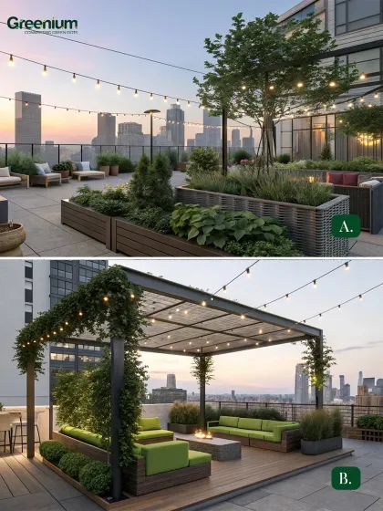Here are two distinct rooftop garden design concepts. Option A offers an open-air lounge with planters and string lights for a relaxed feel, while Option B features a covered pergola with cozy green sofas for a more structured, intimate setting.