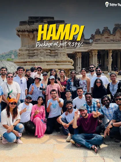 Hampi, with packages starting at just 4,599. This picture of our group at the Vijaya Vittala Temple shows that you can explore a UNESCO World Heritage site without breaking the bank. History, fun, and friends, all in one.