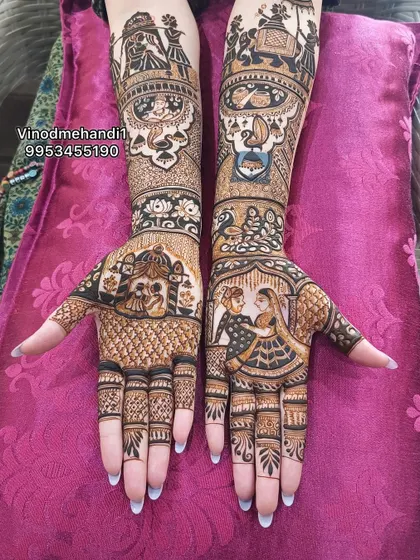 This design features a dancing couple on one palm and a doli scene on the arm, capturing the celebration and tradition of a wedding.