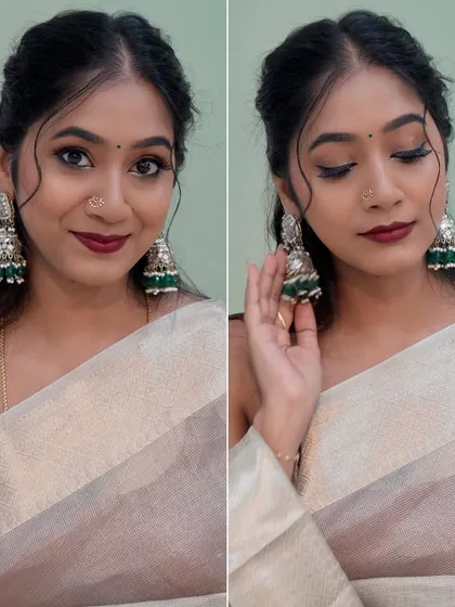 Another angle of this beautiful party look. The focus is on the glowing skin and the statement silver and green jhumkas.
