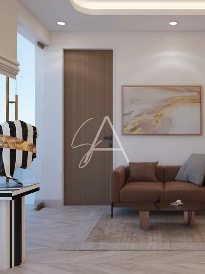 I love mixing modern art with contemporary interiors. This unique striped sculpture adds an unexpected and artistic element to this otherwise calm and neutral living space.
